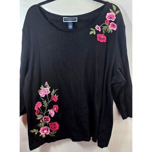 Karen Scott Woman Top Black PLus Size 3X XXX Embroidered Pink Floral Cotton
